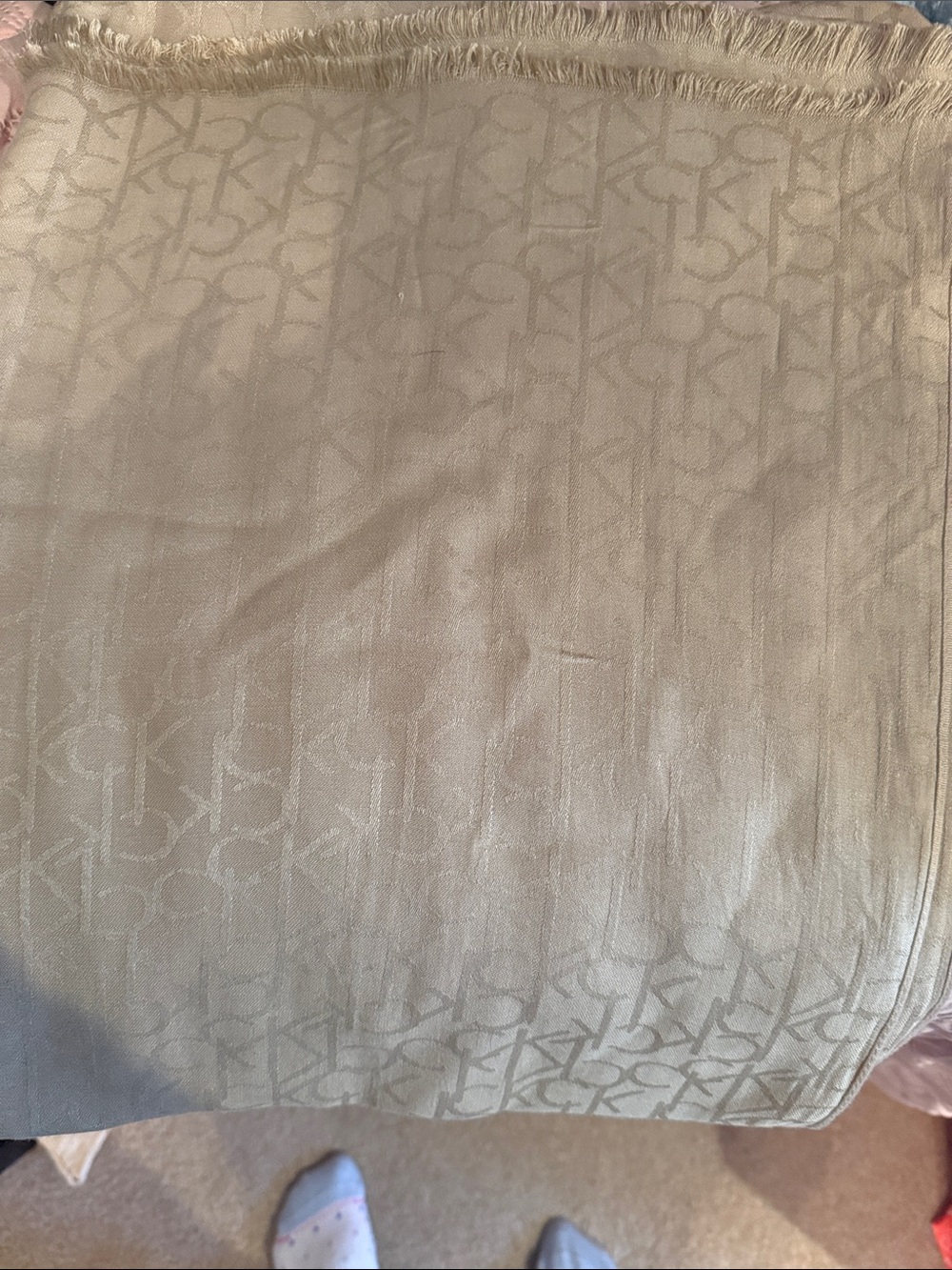 Calvin Klein Neutral Beige Monogram Scarf with Fringe